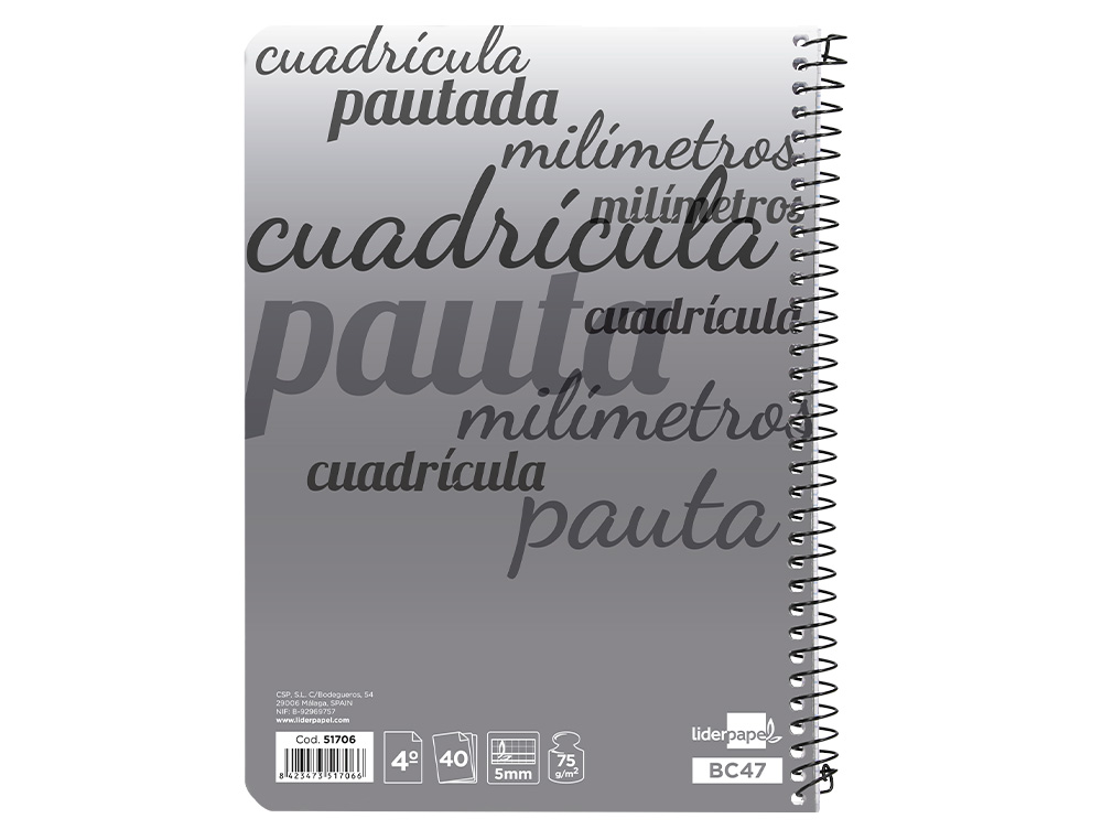 CUADERNO ESPIRAL LIDERPAPEL CUARTO PAUTAGUIA TAPA BLANDA 40H 75 GR CUADRO PAUTADO 5MM COLORES SURTIDOS