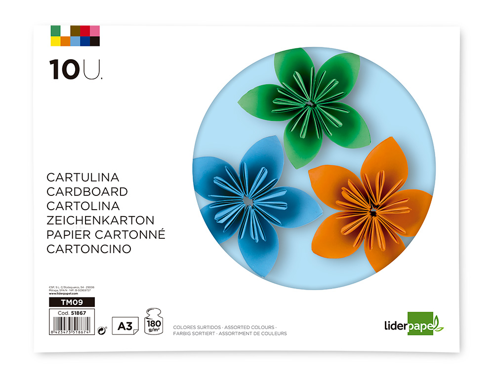 BLOC TRABAJOS MANUALES LIDERPAPEL CARTULINA 297X420MM 10 HOJAS COLORES SURTIDOS