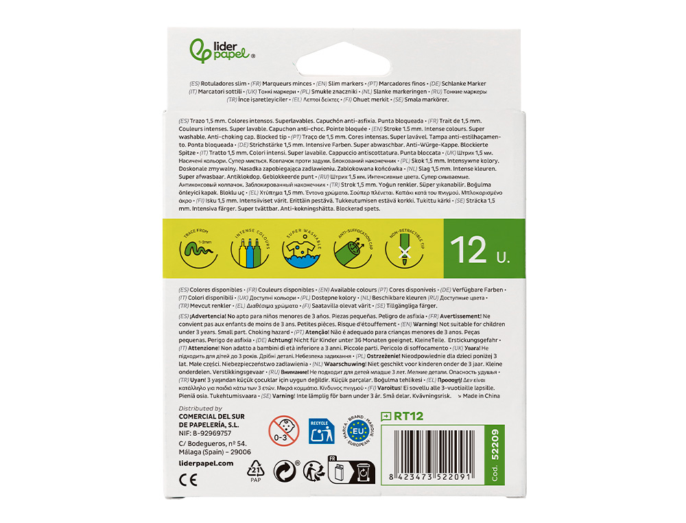 ROTULADOR LIDERPAPEL SLIM CAJA DE 12 UNIDADES COLORES SURTIDOS