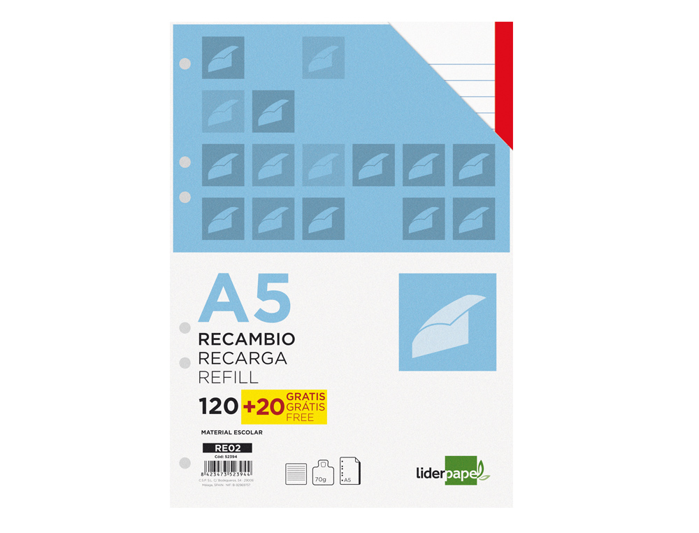 RECAMBIO LIDERPAPEL A5 120 HOJAS 80G/M2 HORIZONTAL SIN MARGEN 6 TALADROS BANDAS DE 5 COLORES