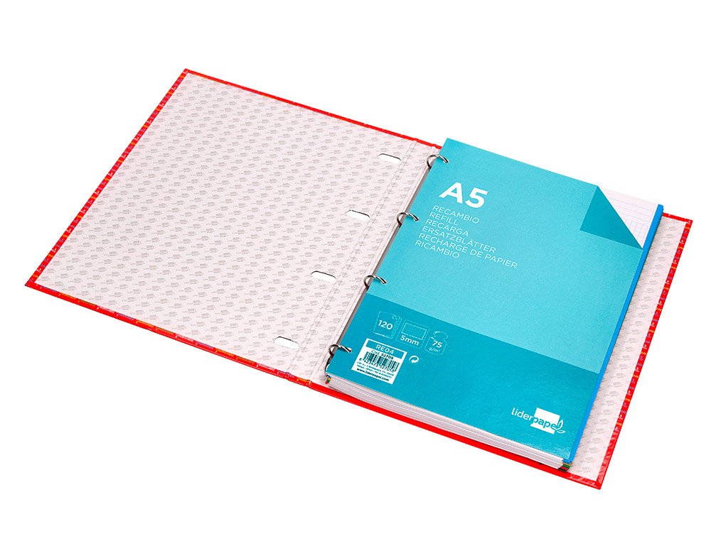 CARPETA CON RECAMBIO LIDERPAPEL A5 CUADRO 5MM FORRADA 4 ANILLAS 20MM