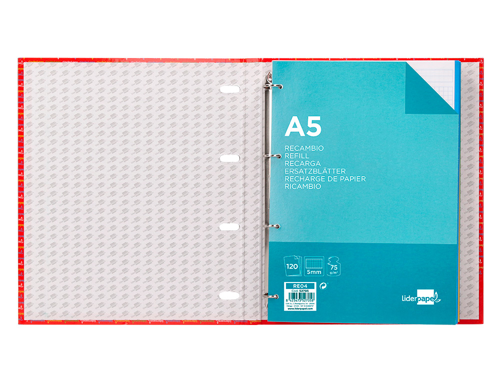 CARPETA CON RECAMBIO LIDERPAPEL A5 CUADRO 5MM FORRADA 4 ANILLAS 20MM