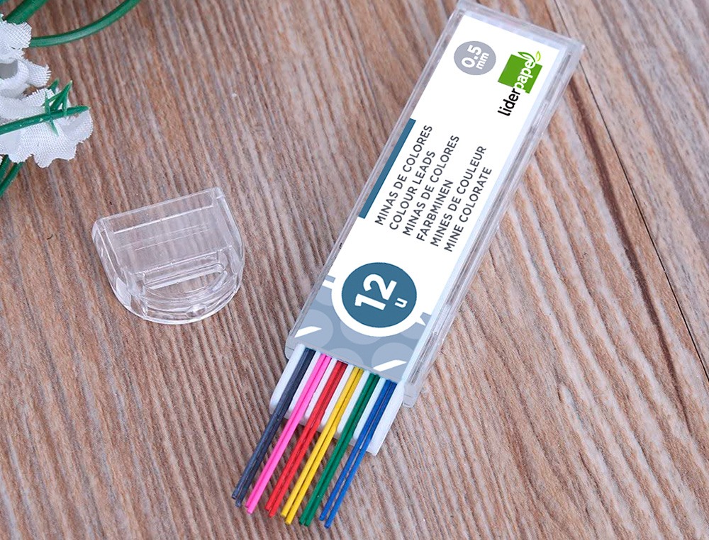 MINAS LIDERPAPEL COLORES SURTIDOS 0,5 MM ESTUCHE DE 12 MINAS