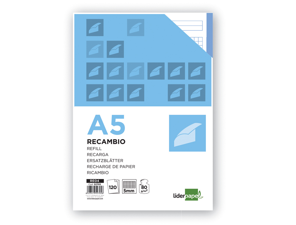 RECAMBIO LIDERPAPEL A5 120 HOJAS 75G/M2 CUADRO 5MM SIN MARGEN 6 TALADROS BANDAS DE 5 COLORES