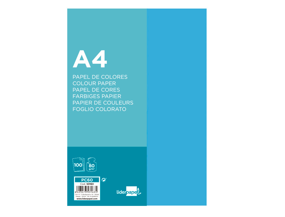 PAPEL COLOR LIDERPAPEL A4 80GR AZUL TURQUESA PAQUETE DE 100 HOJAS