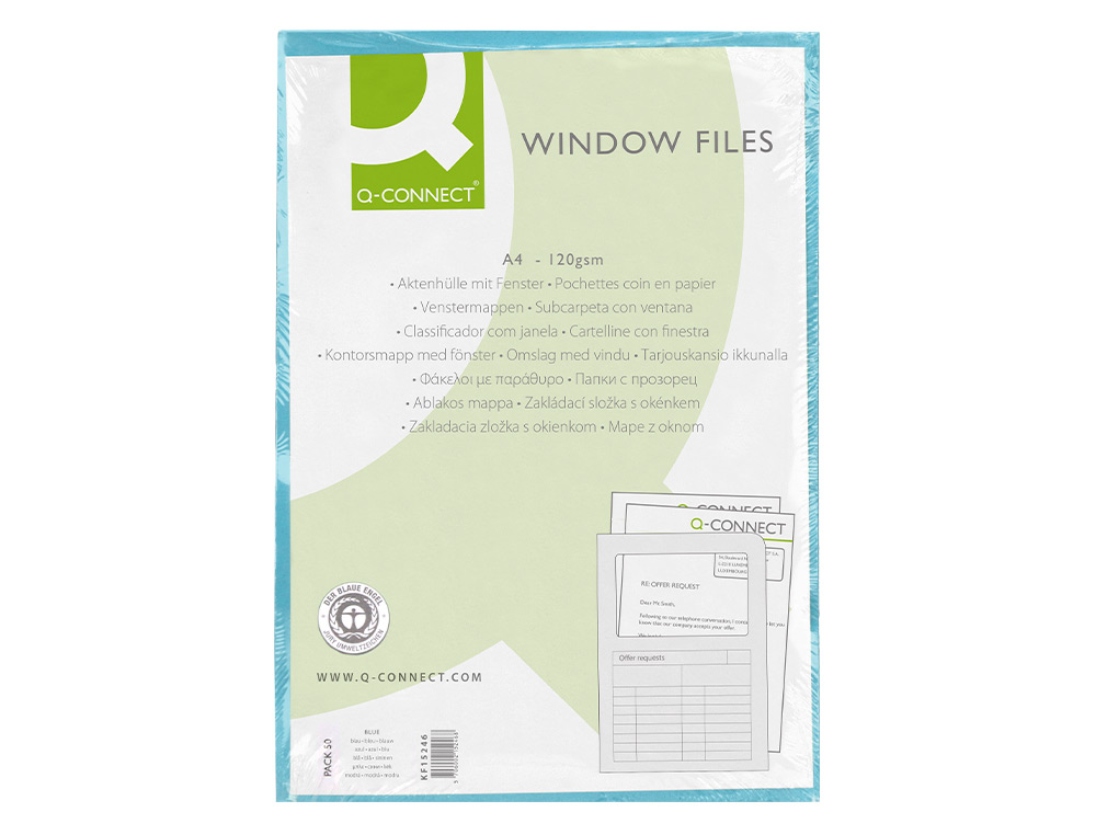 SUBCARPETA CARTULINA Q-CONNECT DIN A4 AZUL CON VENTANA TRANSPARENTE 120 G/M2