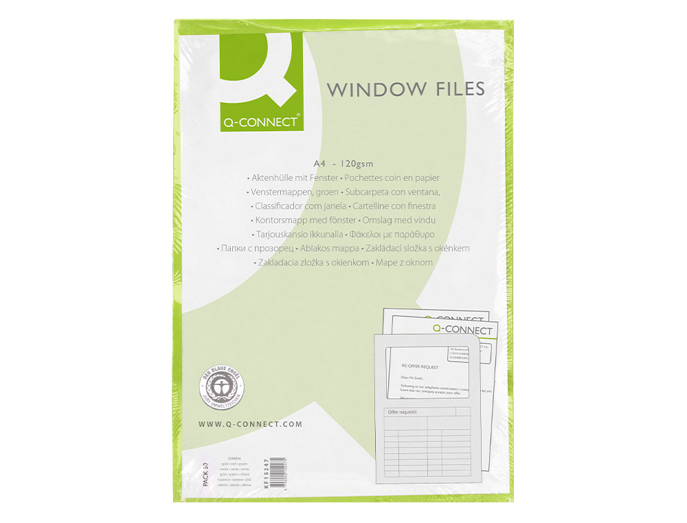 SUBCARPETA CARTULINA Q-CONNECT DIN A4 VERDE CON VENTANA TRANSPARENTE 120 GR
