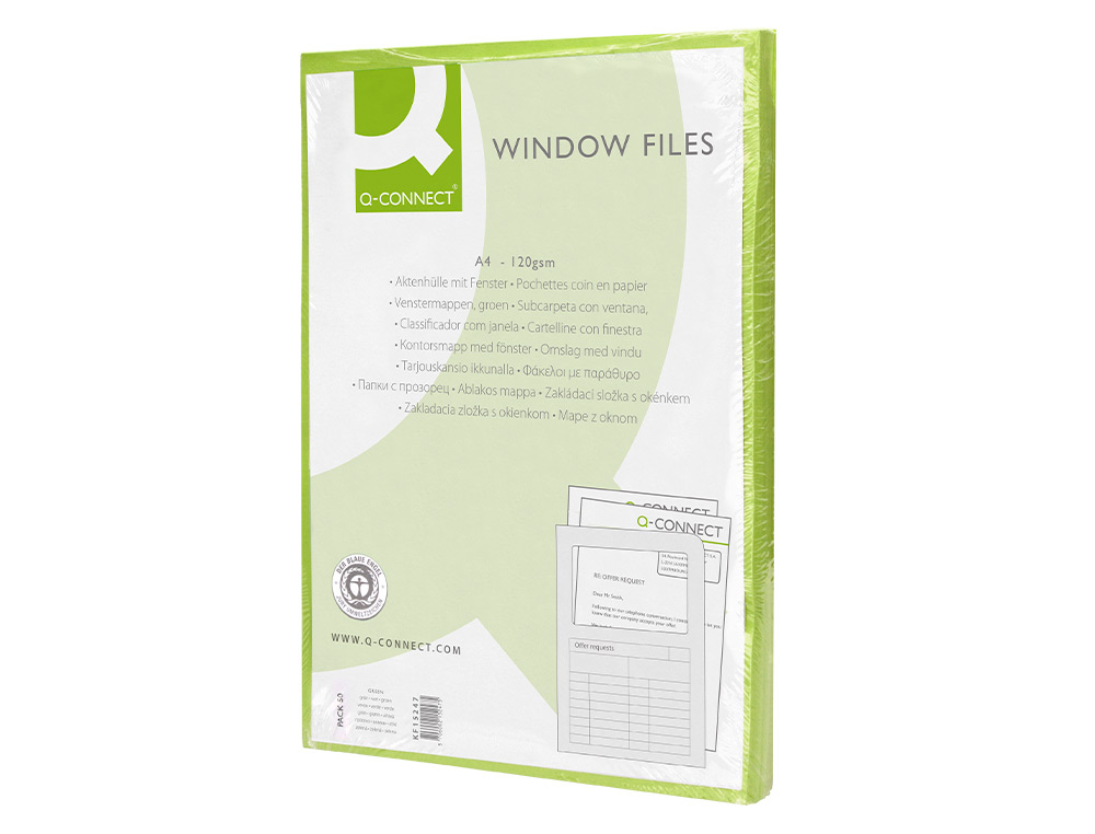 SUBCARPETA CARTULINA Q-CONNECT DIN A4 VERDE CON VENTANA TRANSPARENTE 120 GR