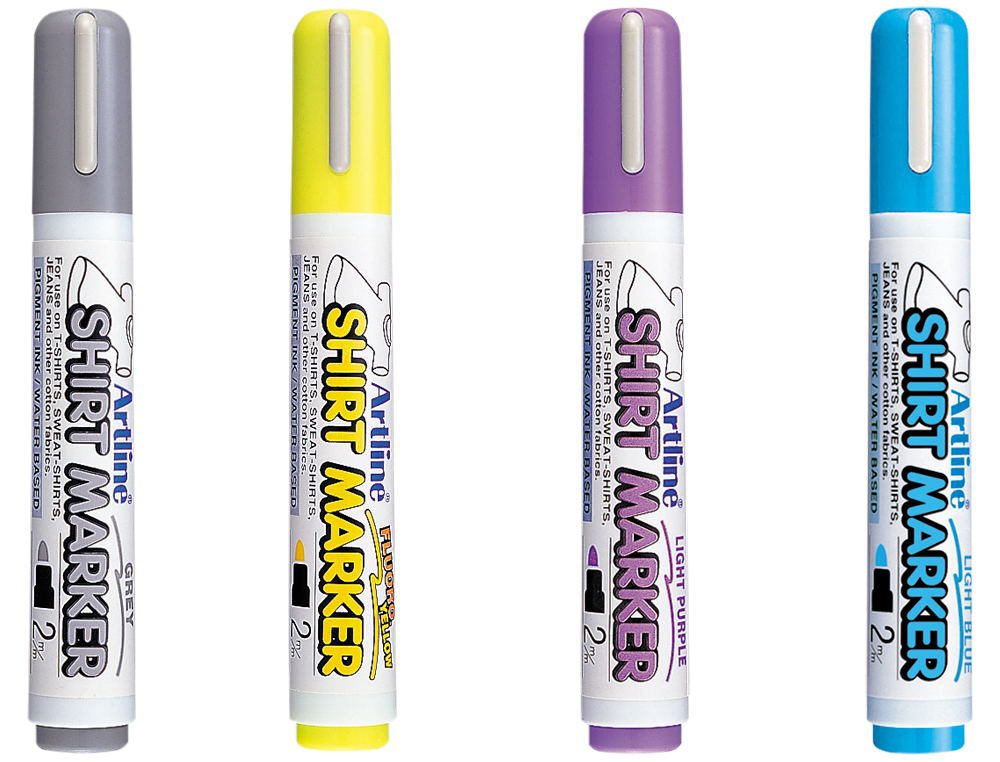ROTULADOR ARTLINE CAMISETA EKT-2 AMARILLO GRIS CELESTE Y VIOLETA PUNTA REDONDA 2 MM USOEN CAMISETA CAJA DE 4 UNIDADES
