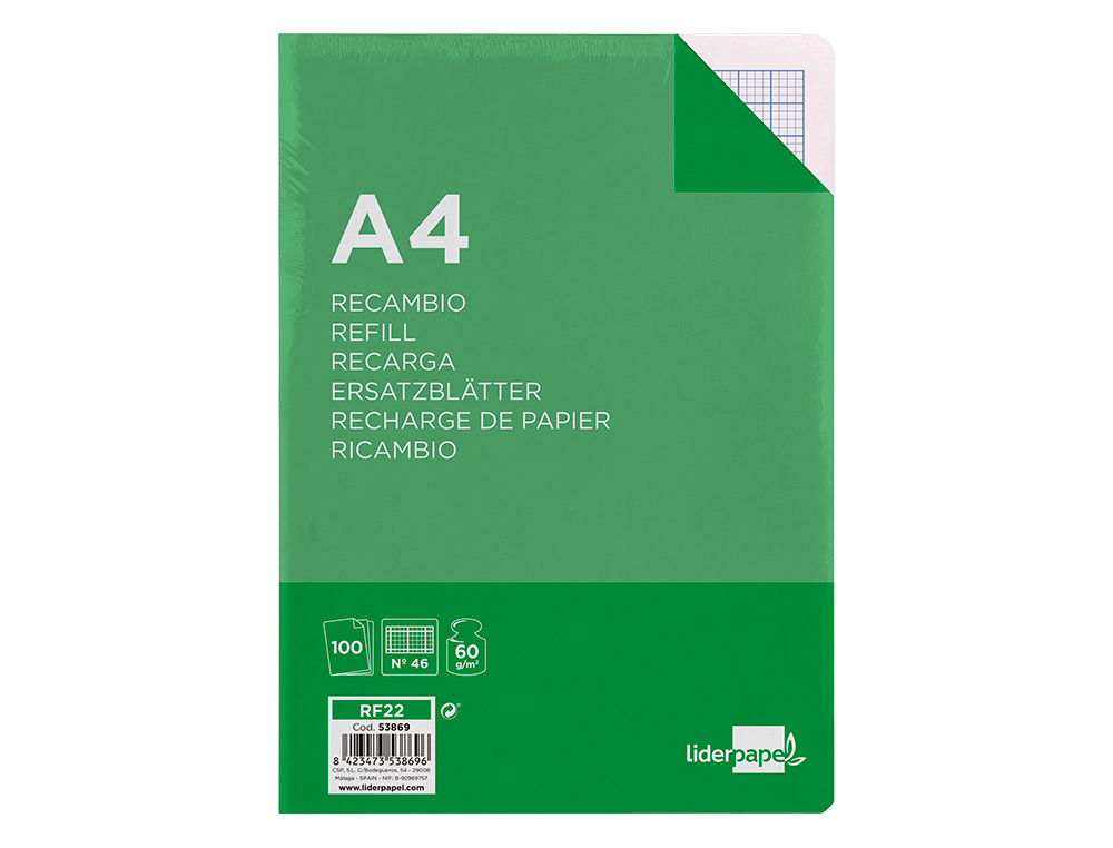 RECAMBIO LIDERPAPEL A4 100 HOJAS 60G/M2 RAYADO Nº 46 4 TALADROS
