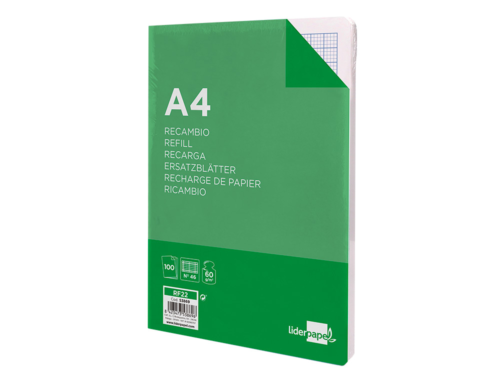 RECAMBIO LIDERPAPEL A4 100 HOJAS 60G/M2 RAYADO Nº 46 4 TALADROS