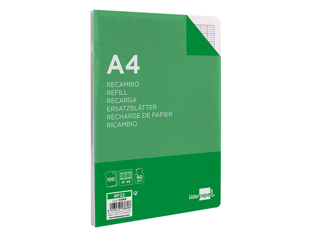 RECAMBIO LIDERPAPEL A4 100 HOJAS 60G/M2 RAYADO Nº 46 4 TALADROS