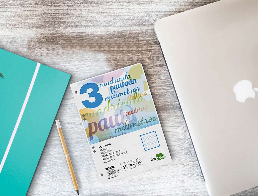 RECAMBIO LIDERPAPEL CUARTO PAUTAGUIA 100 HOJAS 75 G CUADRICULADO PAUTADO 3MM CON MARGEN 6 TALADROS