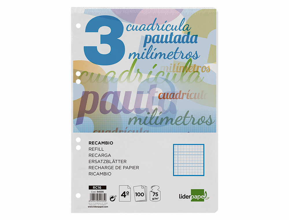 RECAMBIO LIDERPAPEL CUARTO PAUTAGUIA 100 HOJAS 75 G CUADRICULADO PAUTADO 3MM CON MARGEN 6 TALADROS