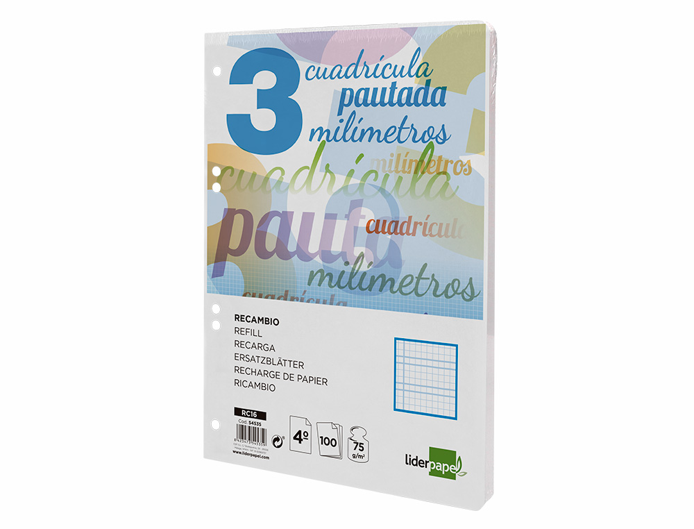 RECAMBIO LIDERPAPEL CUARTO PAUTAGUIA 100 HOJAS 75 G CUADRICULADO PAUTADO 3MM CON MARGEN 6 TALADROS