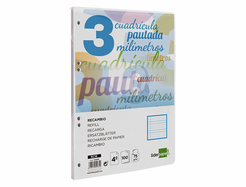 RECAMBIO LIDERPAPEL CUARTO PAUTAGUIA 100 HOJAS 75 G CUADRICULADO PAUTADO 3MM CON MARGEN 6 TALADROS