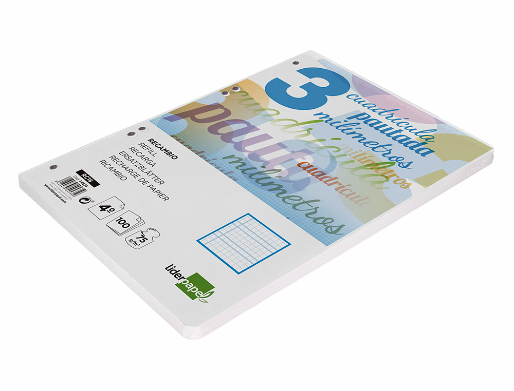 RECAMBIO LIDERPAPEL CUARTO PAUTAGUIA 100 HOJAS 75 G CUADRICULADO PAUTADO 3MM CON MARGEN 6 TALADROS