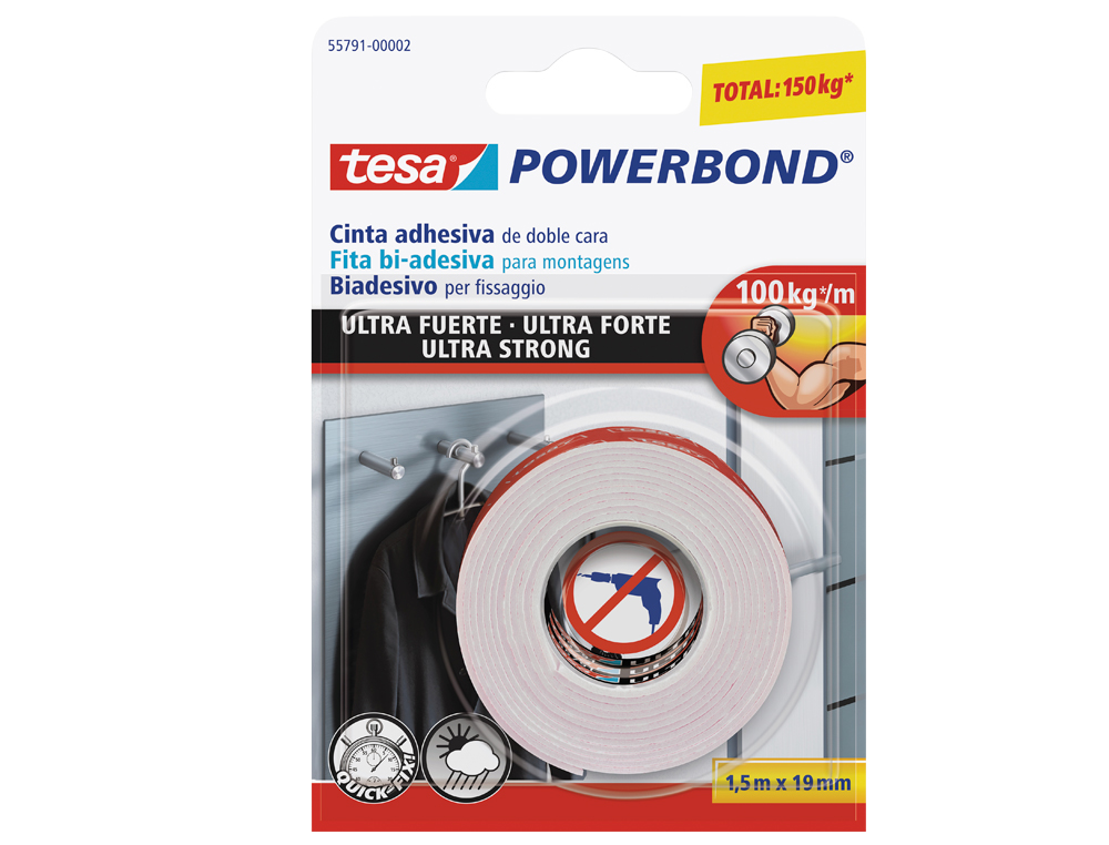 CINTA ADHESIVA TESA DOBLE CARA ULTRA STRONG EXTRAFUERTE PARA INTERIOR Y EXTERIOR 1,5M X19MM