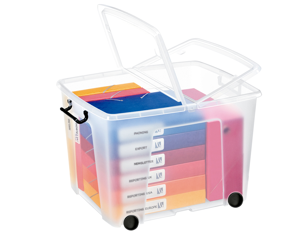 CONTENEDOR PLASTICO CEP 75 LITROS 485X600X415 MM TRANSPARENTE CON TAPA CIERRE HERMETICO Y 4 RUEDAS