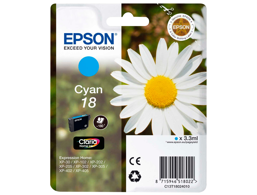 INK-JET EPSON T18 CYAN EXPRESSION HOME XP-102 XP-205 XP-305 XP-405 CAPACIDAD 180 PAG