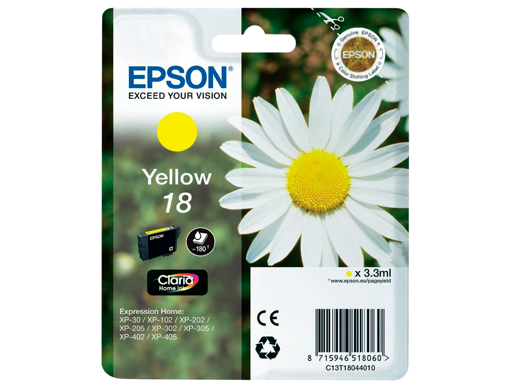 INK-JET EPSON T18 AMARILLO EXPRESSION HOME XP-102 XP-205 XP-305 XP-405 CAPACIIDAD 180 PAG
