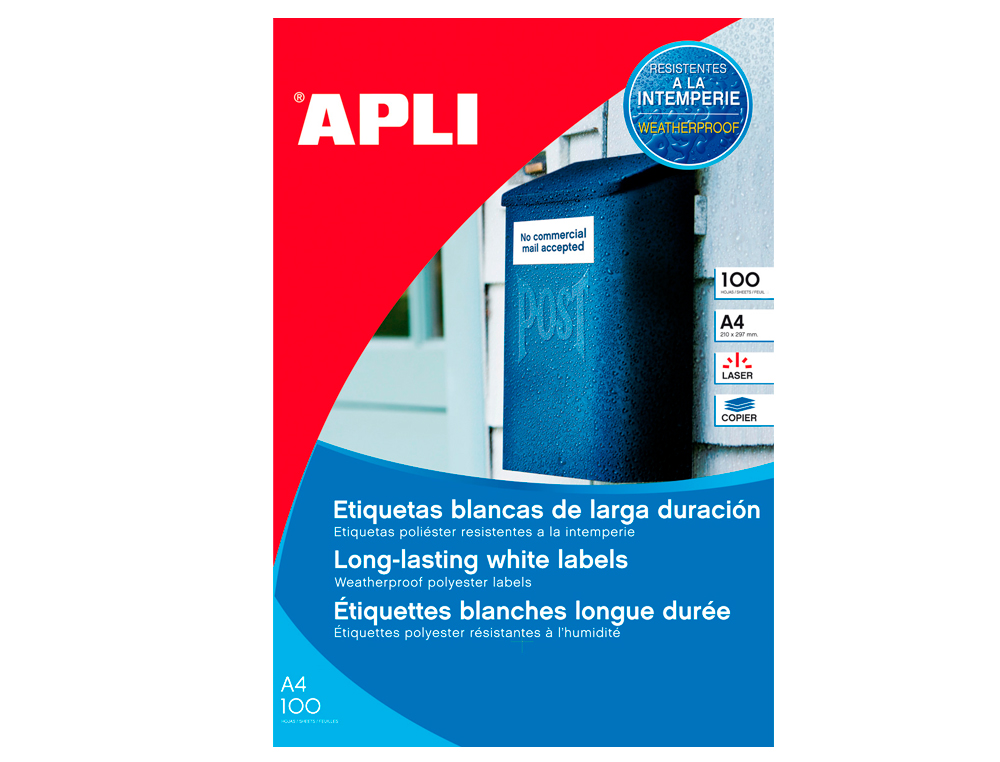 ETIQUETAS ADHESIVAS APLI 12121 TAMAÑO 210X297 MM POLIESTER RESISTENTE A LA INTERPERIE IMPRESION LASER