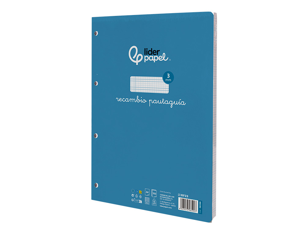 RECAMBIO LIDERPAPEL A4 PAUTAGUIA 100 HOJAS 75 G CUADRICULADO PAUTADO 3MM CON MARGEN 4 TALADROS