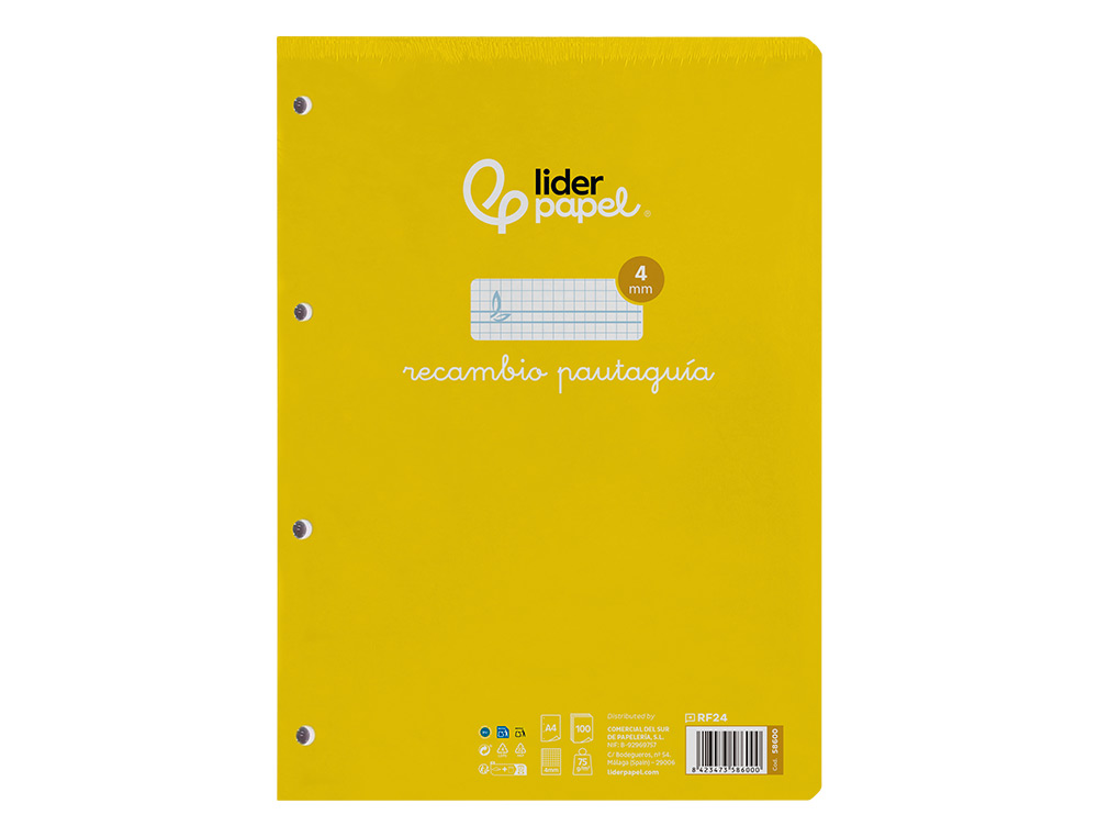 RECAMBIO LIDERPAPEL A4 PAUTAGUIA 100 HOJAS 75 G CUADRICULADO PAUTADO 4MM CON MARGEN 4 TALADROS