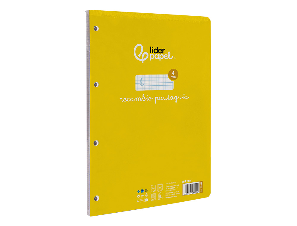 RECAMBIO LIDERPAPEL A4 PAUTAGUIA 100 HOJAS 75 G CUADRICULADO PAUTADO 4MM CON MARGEN 4 TALADROS