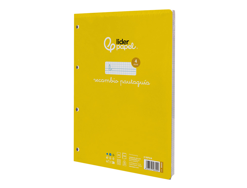 RECAMBIO LIDERPAPEL A4 PAUTAGUIA 100 HOJAS 75 G CUADRICULADO PAUTADO 4MM CON MARGEN 4 TALADROS