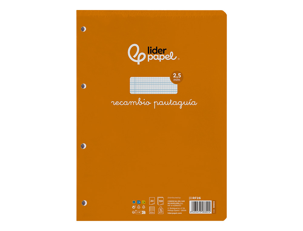 RECAMBIO LIDERPAPEL A4 PAUTAGUIA 100 HOJAS 75 G/M2 CUADRICULADO PAUTADO 2,5MM CON MARGEN 4 TALADROS