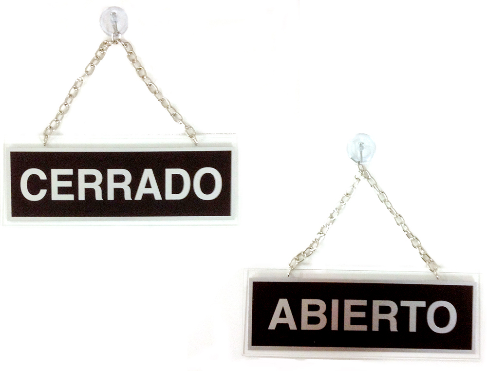 LETRERO METALICO SERIGRAFIADO ABIERTO Y CERRADO CON CADENA Y VENTOSA PARA COLGAR DE 74X232 MM