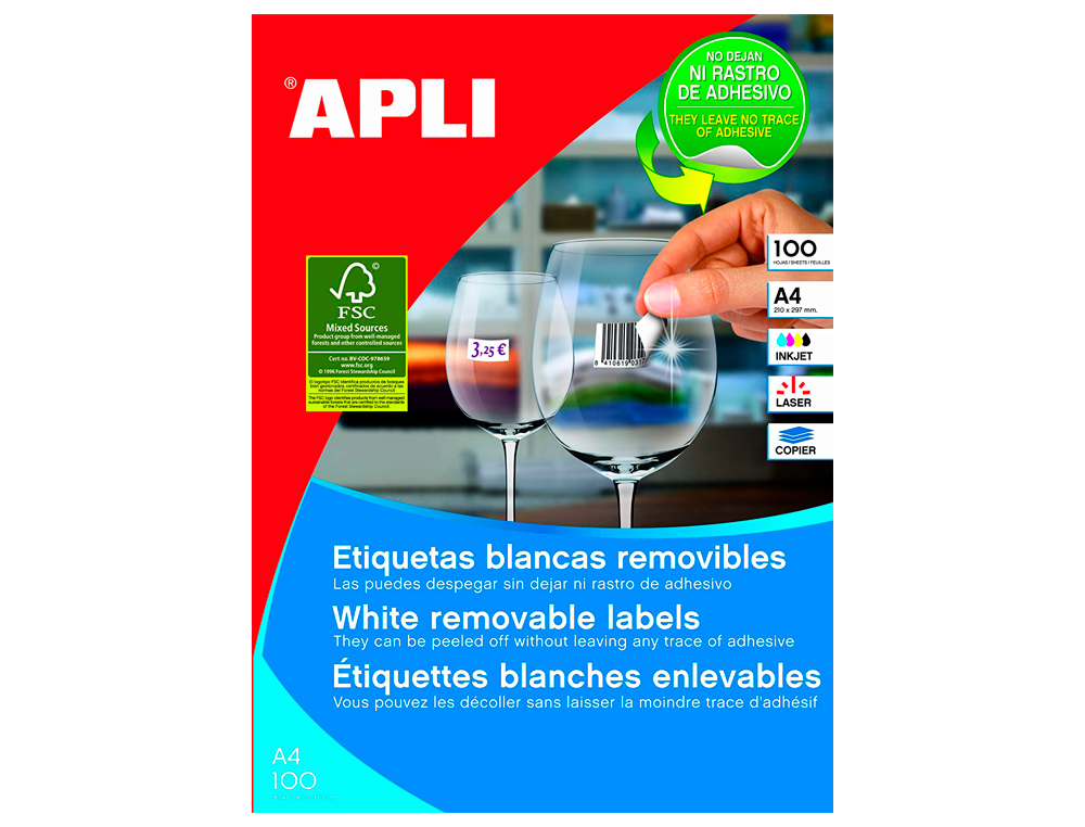 ETIQUETA ADHESIVA APLI 36,8X23,8 MM FOTOCOPIADORA LASER INKJET CAJA 100 HOJAS DIN A4 CON 5500 ETIQUETAS