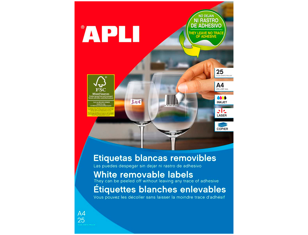 ETIQUETA ADHESIVA APLI 35,6X16,9 MM FOTOCOPIADORA LASER INKJET CAJA 25 HOJAS DIN A4 CON 2000 ETIQUETAS