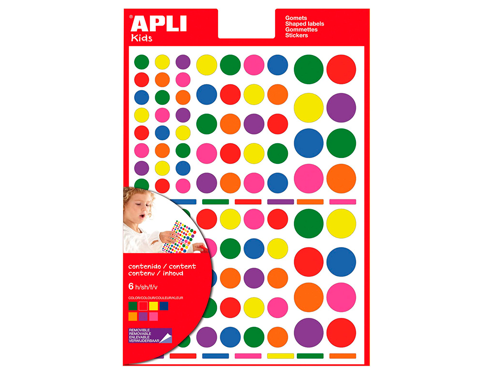 GOMETS APLI AUTOADHESIVO FORMAS SURTIDAS MULTICOLOR BLISTER DE 6 HOJAS