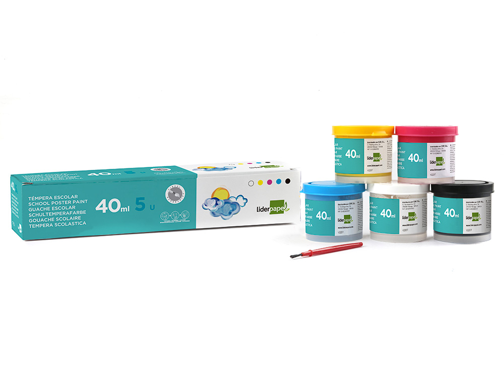TEMPERA LIDERPAPEL ESCOLAR 40 ML CAJA 5 COLORES SURTIDOS + PINCEL