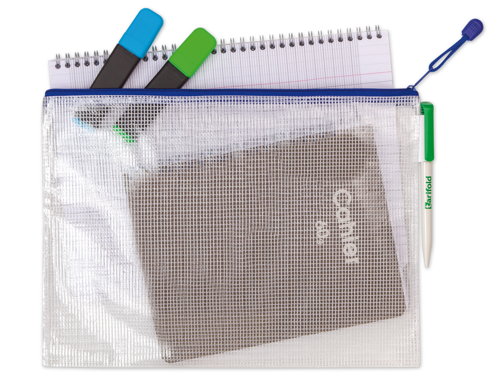 BOLSA MULTIUSOS TARIFOLD PVC DIN A6 APERTURA SUPERIOR CON CREMALLERA PORTABOLIGRAFO Y CORREA AZUL