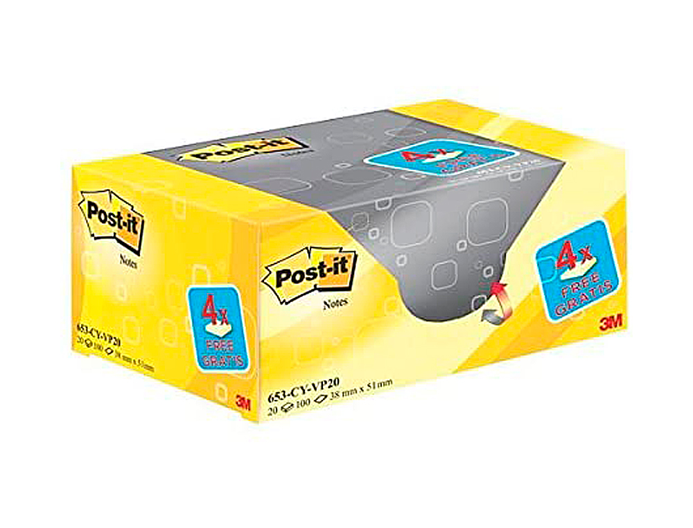 BLOC DE NOTAS ADHESIVAS QUITA Y PON POST-IT AMARILLO CANARIO 76X127 MM PACK PROMOCIONAL 16+4 GRATIS