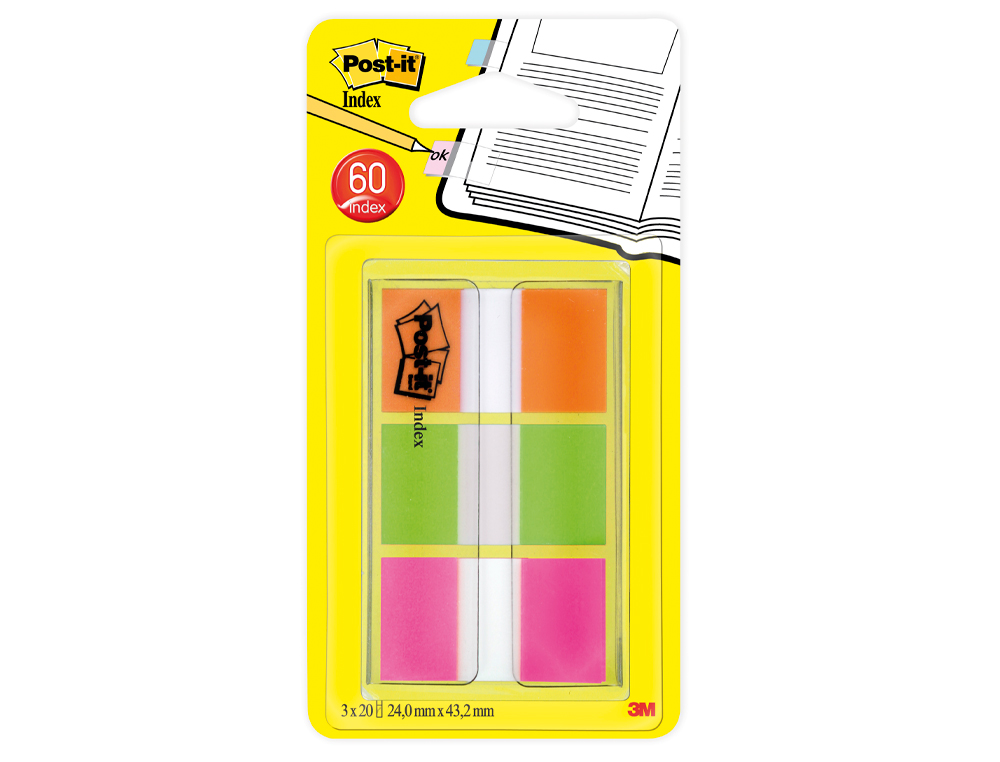 BANDERITAS SEPARADORAS POST-IT INDEX 680 NARANJA LIMA Y ROSA DISPENSADOR FUNDA 3X20