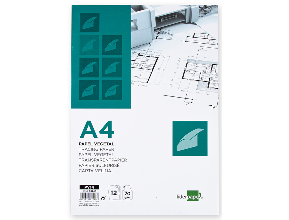 PAPEL DIBUJO LIDERPAPEL A4 210X297MM 70G/M2 VEGETAL SOBRE DE 12 HOJAS