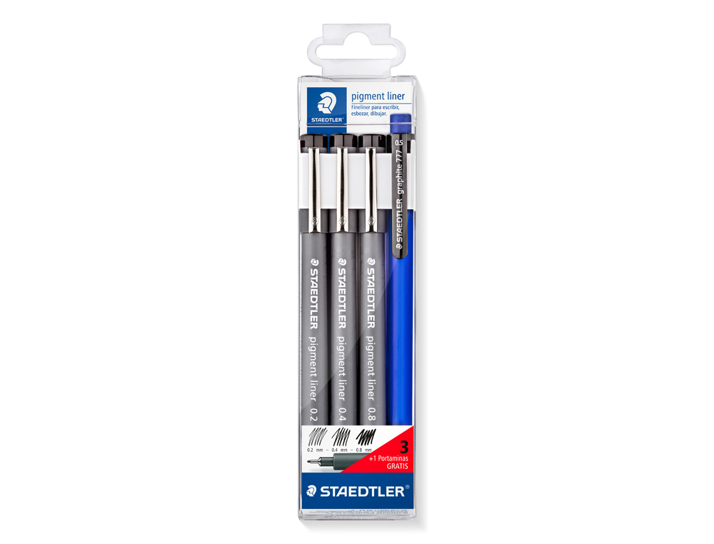 ROTULADOR STAEDTLER CALIBRADO MICROMETRICO NEGRO BOLSA DE 3 UNIDADES 0,2 -0,4- 0,8 MM + PORTAMINAS 777 REGALO