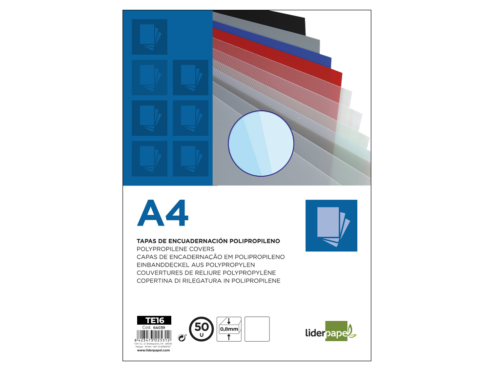 TAPA ENCUADERNACION LIDERPAPEL POLIPROPILENO A4 0.8MM TRANSPARENTE PAQUETE DE 50 UNIDADES