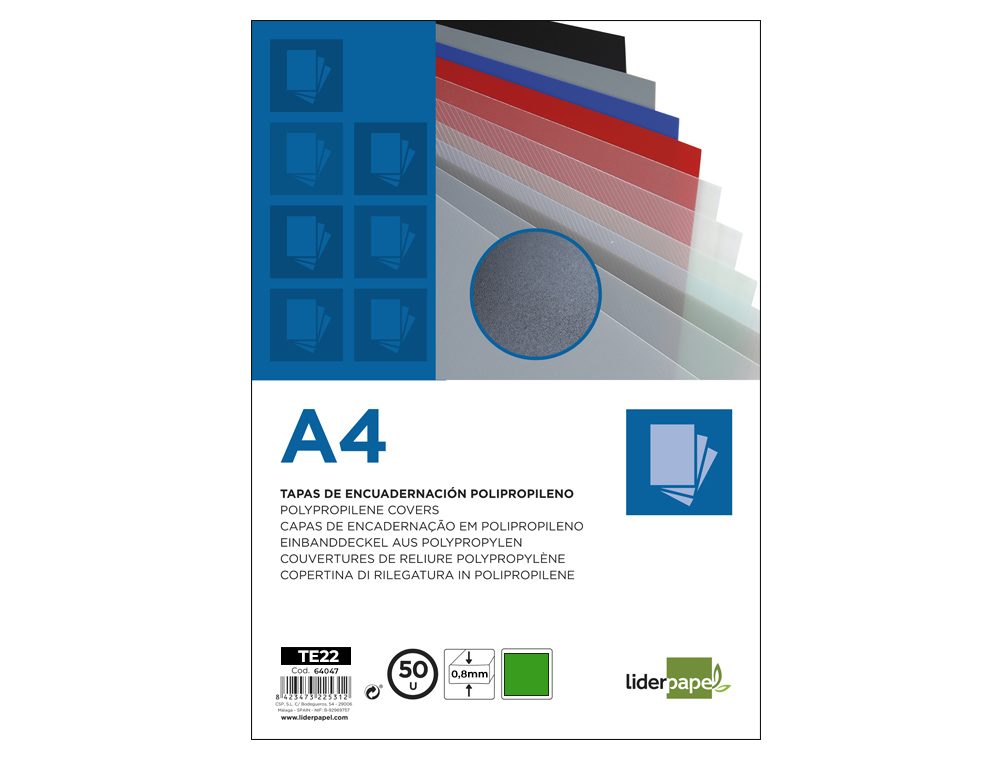 TAPA ENCUADERNACION LIDERPAPEL POLIPROPILENO A4 0.8MM VERDE OPACO PAQUETE DE 50 UNIDADES