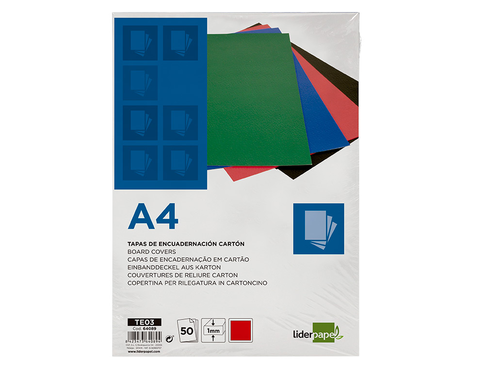 TAPA ENCUADERNACION LIDERPAPEL CARTON A4 1MM ROJA PAQUETE DE 50 UNIDADES