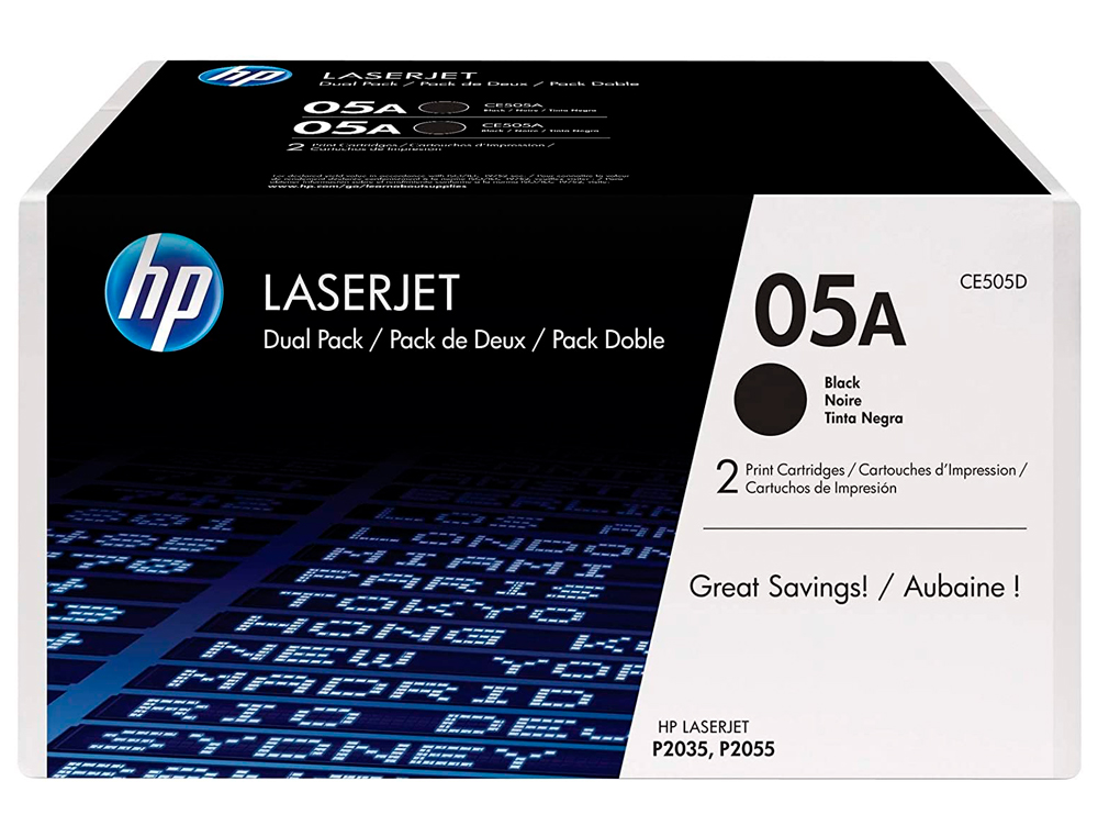 TONER HP 05A LASERJET P2033 / 2035 / 2036 / 2037 / 2054 / 2055 / 2056 / 2057 NEGRO PACK DE 2 UNIDADES 2.300 PAG