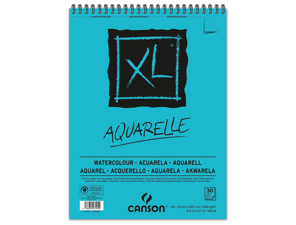 BLOC DIBUJO ACUARELA CANSON XL AQUARELLE GRANO FINO DIN A4 MICROPERFORADO ESPIRAL 21X29,7 CM 30 HOJAS 300 GR/M2