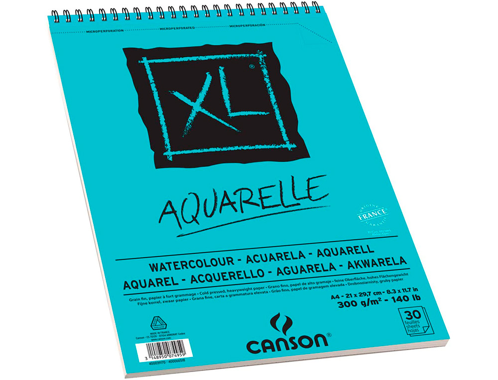 BLOC DIBUJO ACUARELA CANSON XL AQUARELLE GRANO FINO DIN A4 MICROPERFORADO ESPIRAL 21X29,7 CM 30 HOJAS 300 GR/M2