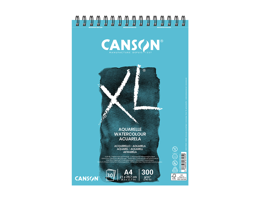 BLOC DIBUJO ACUARELA CANSON XL AQUARELLE GRANO FINO DIN A4 MICROPERFORADO ESPIRAL 21X29,7 CM 30 HOJAS 300 GR/M2