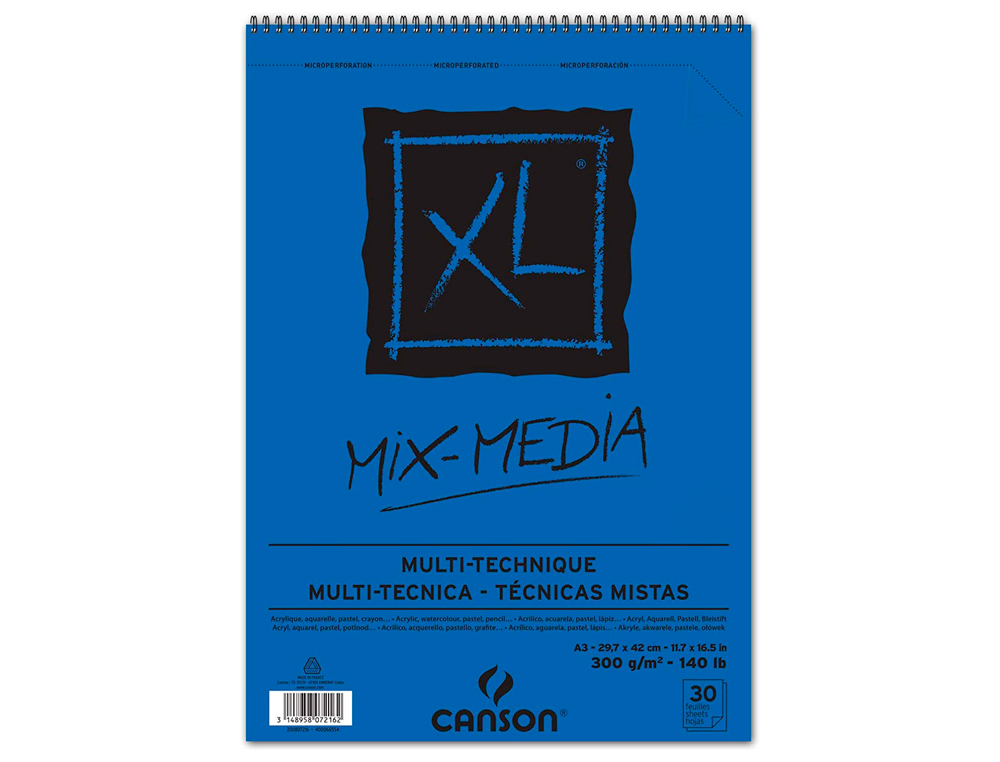 BLOC DIBUJO ACUARELA CANSON XL MIX MEDIA GRANO MEDIO DIN A3 MICROPERFORADO ESPIRAL 29,7X42CM 30 HOJAS 300 GR/M2
