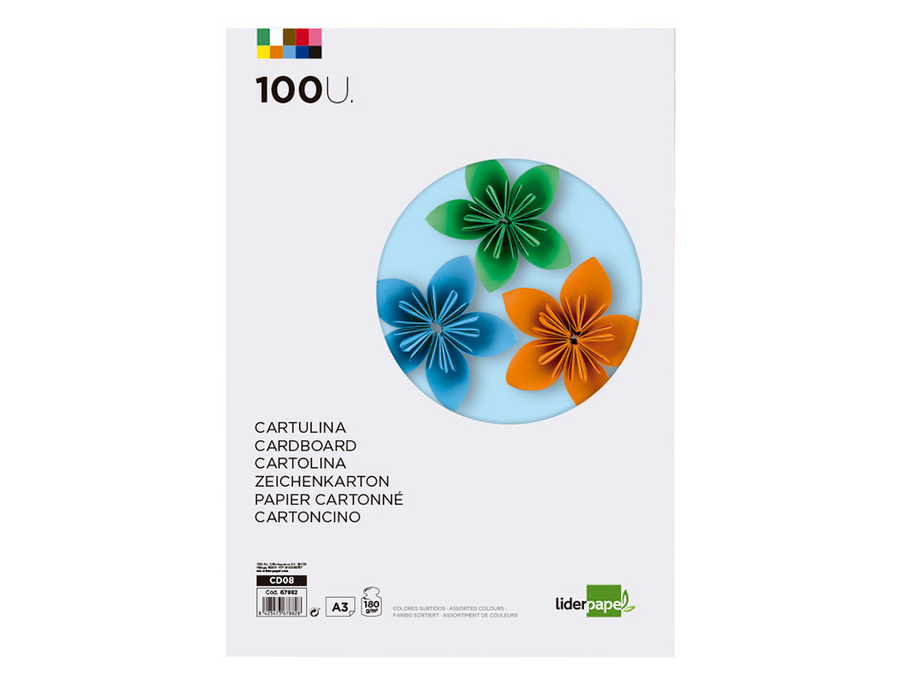 CARTULINA LIDERPAPEL A3 180G/M2 10 COLORES SURTIDOS PAQUETE 100 HOJAS